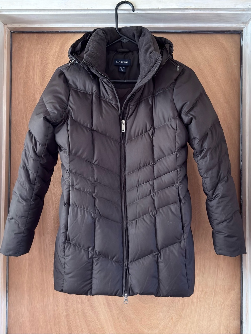 Lands’ End Quilted Down Puffer Jacket Women's XS Petite Brown Removable Hood